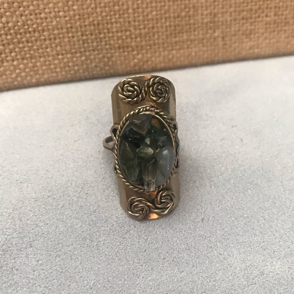 Blue Green Stone Silver Tone Adjustable Ring Boho - Picture 6 of 9